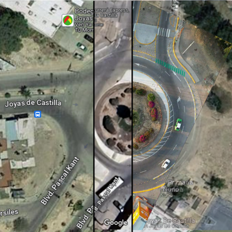 Comparativo de las etapas de la intervención. Izquierda, situación original; centro, fase de construcción y derecha, obra terminada. Crédito: composición propia con imágenes de Google Maps y dron.